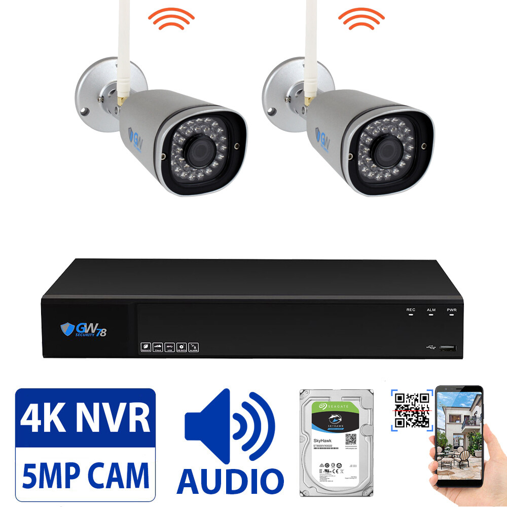 GW 8CH 4K NVR (2) 5MP Outdoor Wireless WiFi Camera Microphone Security System GW 8CH 4K NVR (2) 5MP Outdoor Wireless WiFi Camera Microphone Security System