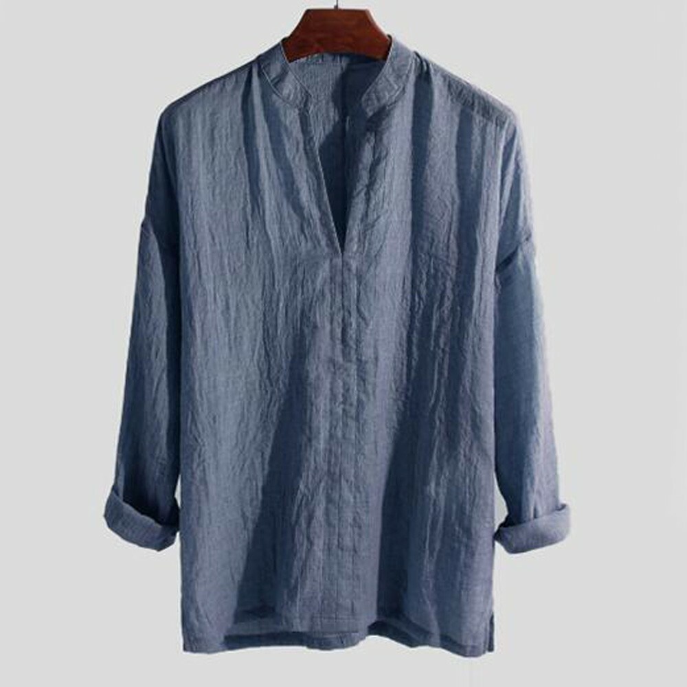 Mens Chinese Style Stand Collar Tops Loose Fit Blouse Pullover Casual T Shirts