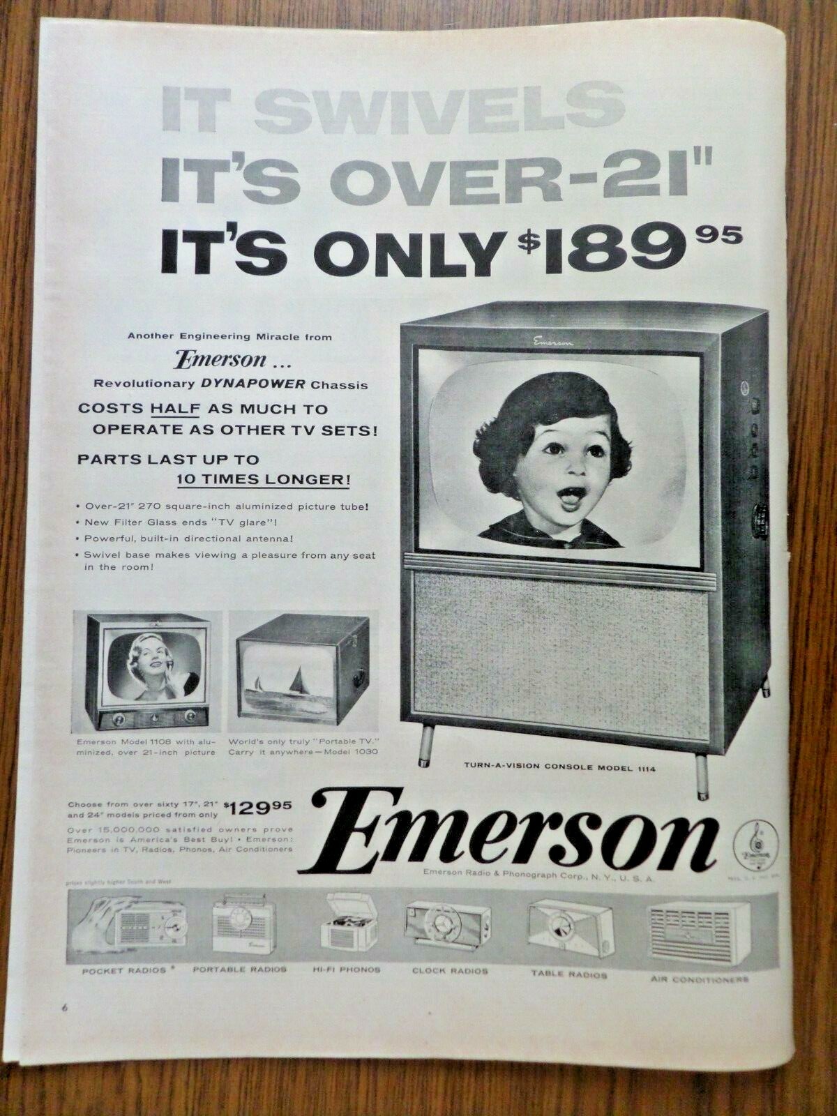 1955 Emerson TV Television Ad It Swivels Over -21 It’s Only 9.95 1955 Emerson TV Television Ad It Swivels Over -21 It’s Only 9.95