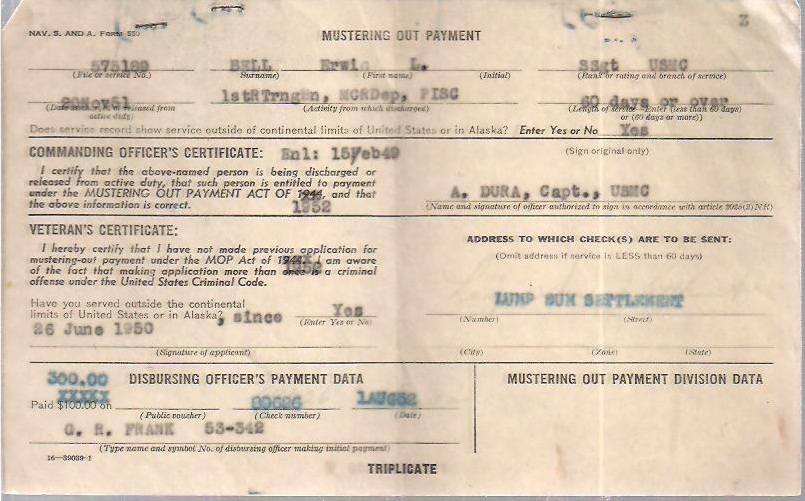 1950’s U.S. Marine Corps Mustering Out Payment Voucher