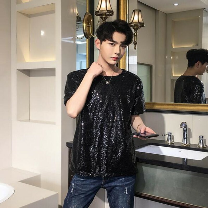 Men Summer Tops Fashion Sequins Shiny Short Sleeve Youth Casual Costume T-shirts Men Summer Tops Fashion Sequins Shiny Short Sleeve Youth Casual Costume T-shirts