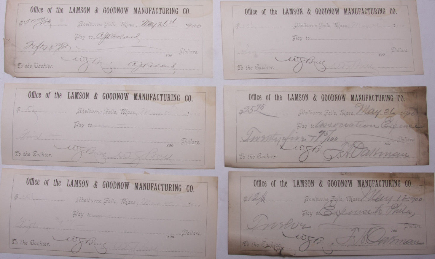 1900 Lamson Goodnow (6) Signed Pay Vouchers Antique Hand Written Ephemera C28-36 1900 Lamson Goodnow (6) Signed Pay Vouchers Antique Hand Written Ephemera C28-36