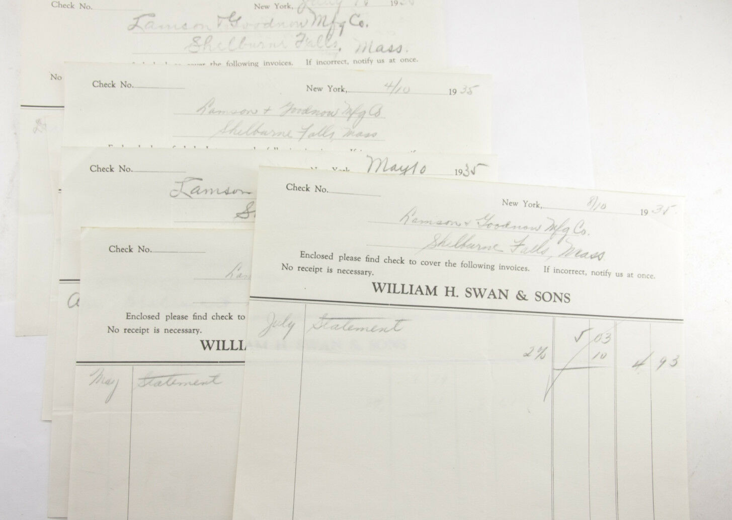 1935 Lamson Goodnow William H Swan & Sons NYC Payment Vouchers Ephemera P772A 1935 Lamson Goodnow William H Swan & Sons NYC Payment Vouchers Ephemera P772A