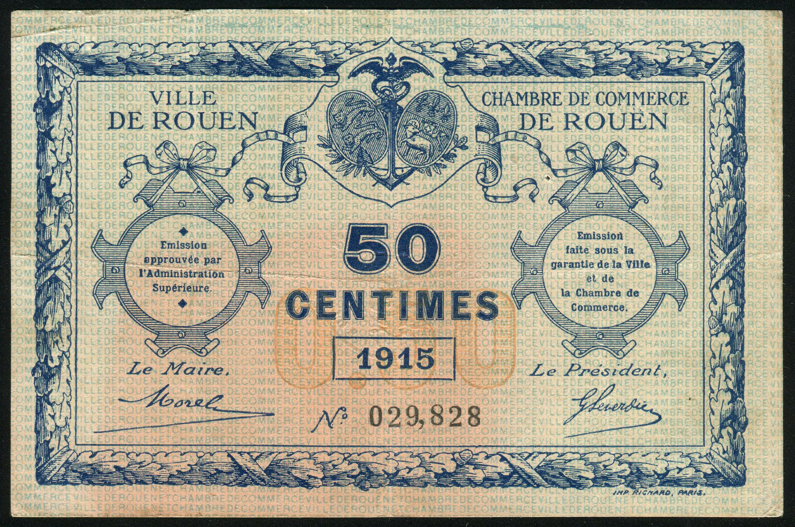 FRANCE – 0.50 Centimes 1915 Voucher Note Bon – Ville de Rouen (VF)