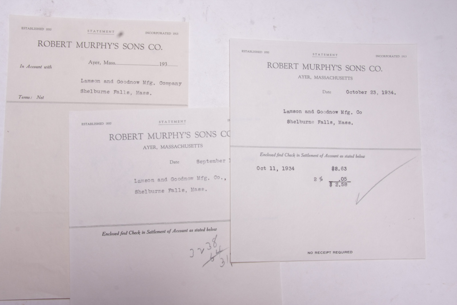 1934 Lamson Goodnow Robert Murphy’s Sons Co Ayer MA Vouchers Ephemera P651C 1934 Lamson Goodnow Robert Murphy’s Sons Co Ayer MA Vouchers Ephemera P651C