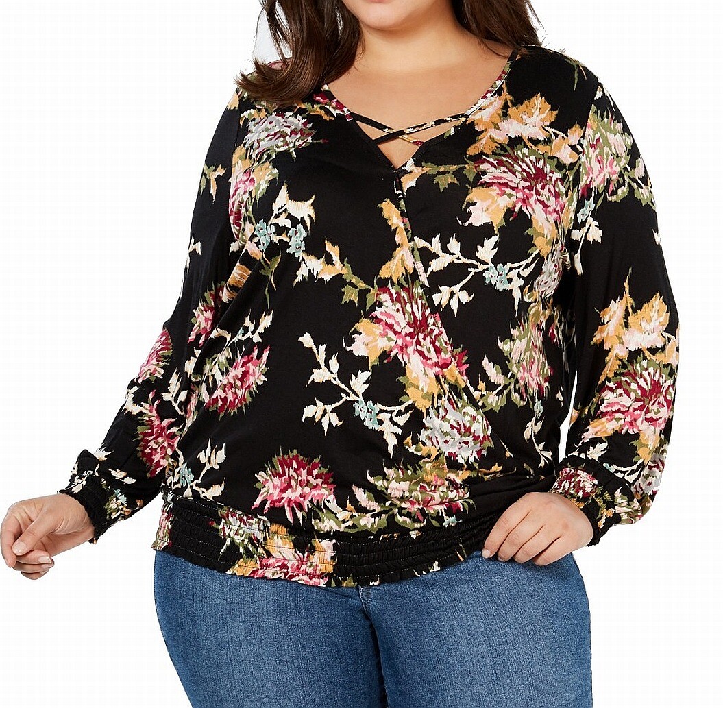 Style & Co. Womens Top Black 1X Plus Smocked Floral Criss-Cross Surplice $56 090