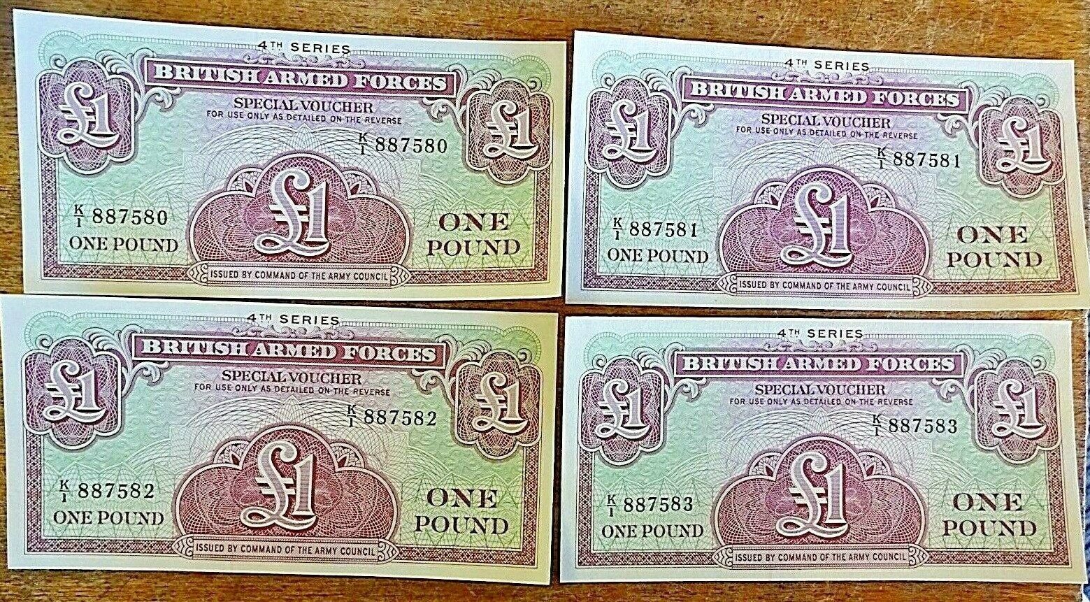 4 British Armed Forces Special Voucher 4th Series Consecutive numbers UNC 4 British Armed Forces Special Voucher 4th Series Consecutive numbers UNC