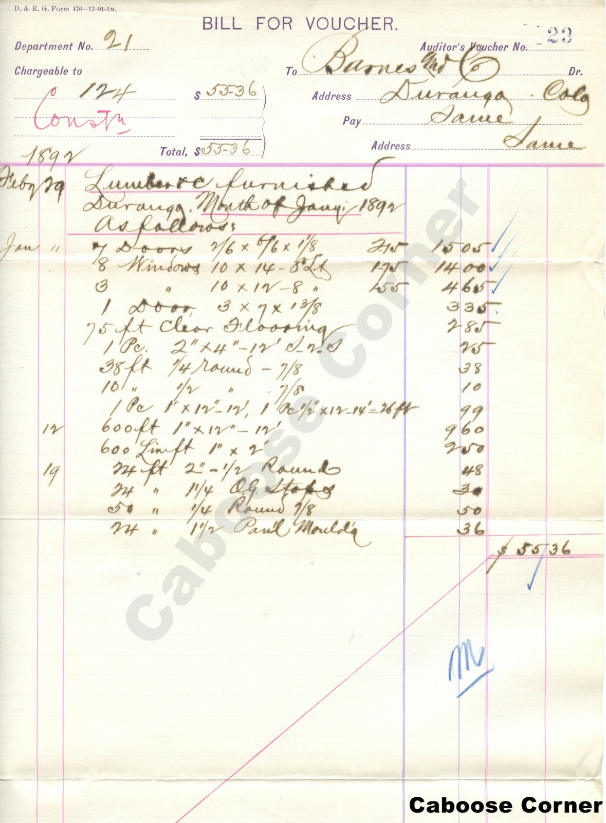 RGS Rio Grande Southern Signed by Otto Mears Bill for Voucher 1892 RGS Rio Grande Southern Signed by Otto Mears Bill for Voucher 1892