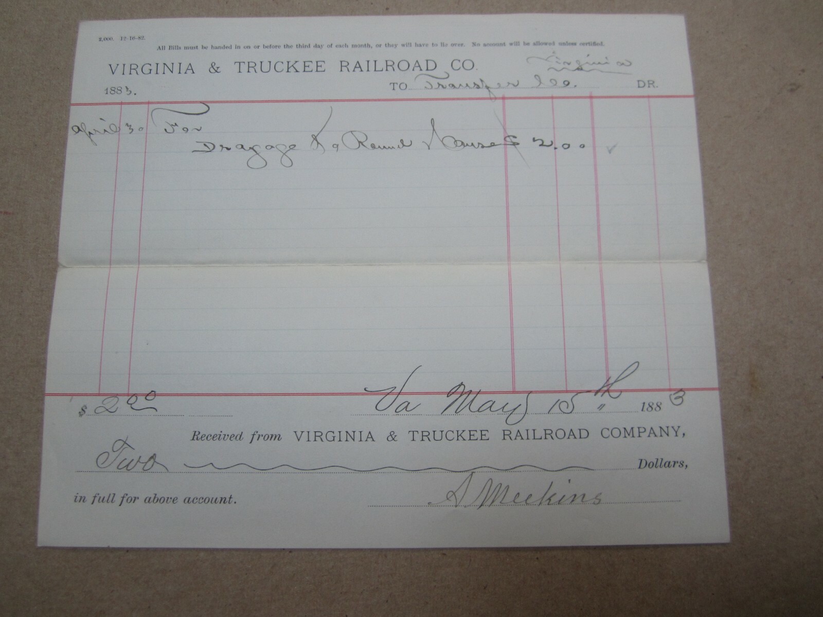 Old Vintage 1883 – VIRGINIA & TRUCKEE Railroad Voucher Document – Signed MEEKINS Old Vintage 1883 – VIRGINIA & TRUCKEE Railroad Voucher Document – Signed MEEKINS