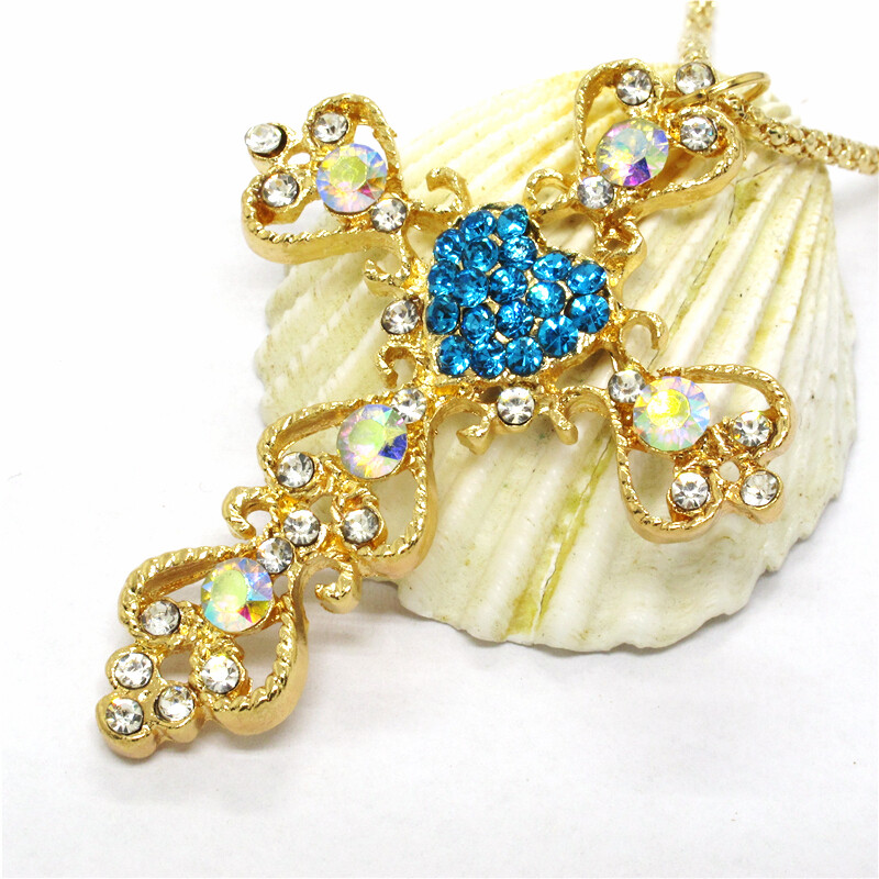 Hot Blue Golden Cross Prayer AB Crystal Pendant Jewelry Fashion China Necklace Hot Blue Golden Cross Prayer AB Crystal Pendant Jewelry Fashion China Necklace