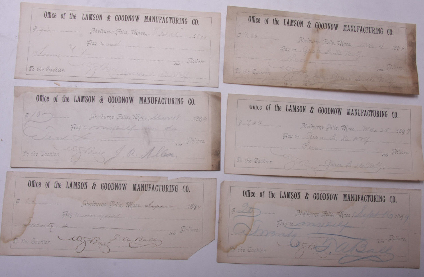 1899 Lamson Goodnow (6) Signed Pay Vouchers Antique Hand Written Ephemera C28-25 1899 Lamson Goodnow (6) Signed Pay Vouchers Antique Hand Written Ephemera C28-25