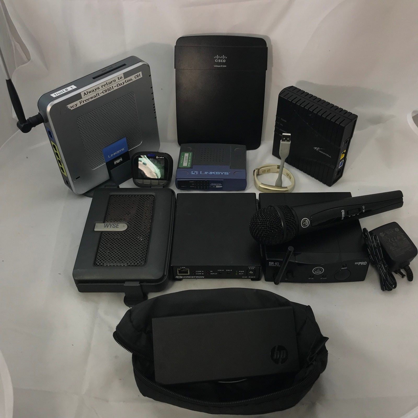 Electronics Lot of 10 Items, Linksys/Crestron/HP/Cobra/WYSE/Westell/AKG/JawBone. Electronics Lot of 10 Items, Linksys/Crestron/HP/Cobra/WYSE/Westell/AKG/JawBone.