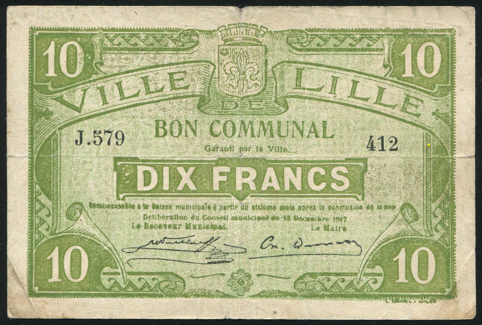 FRANCE – 10 Francs 1917 Voucher Note – Bon Comunal Ville de Lille (F) FRANCE – 10 Francs 1917 Voucher Note – Bon Comunal Ville de Lille (F)