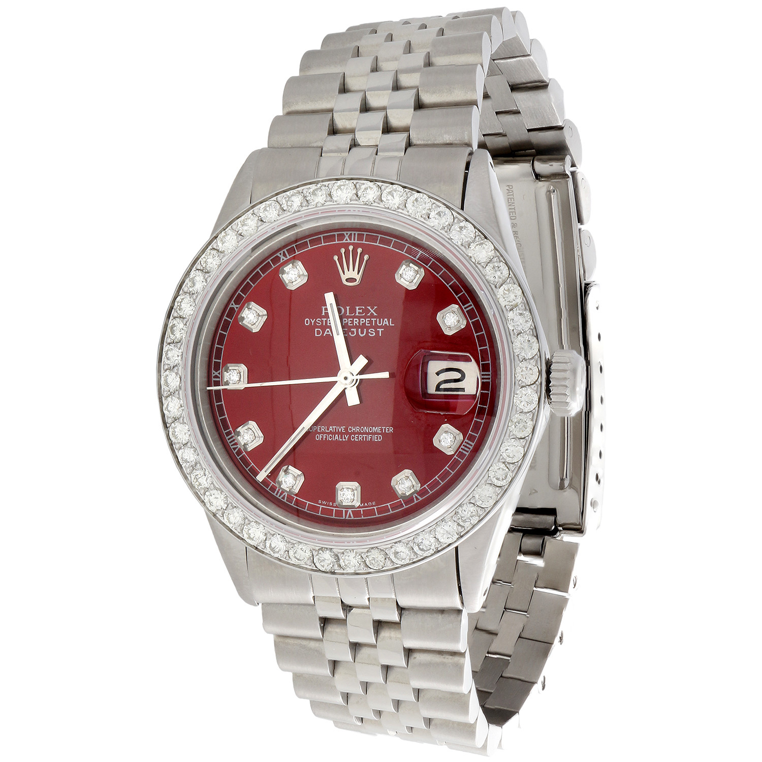 Mens Rolex 36mm DateJust Diamond Watch Jubilee Steel Band Custom Red Dial 2 CT. Mens Rolex 36mm DateJust Diamond Watch Jubilee Steel Band Custom Red Dial 2 CT.