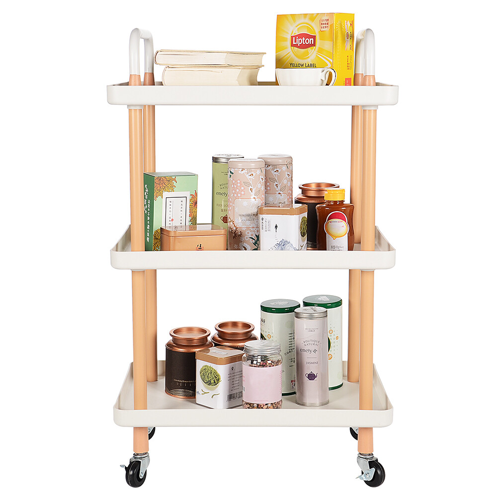 3-Tier Rolling Utility Cart Shelf , Wooden Trolley Serving Cart, White For Home