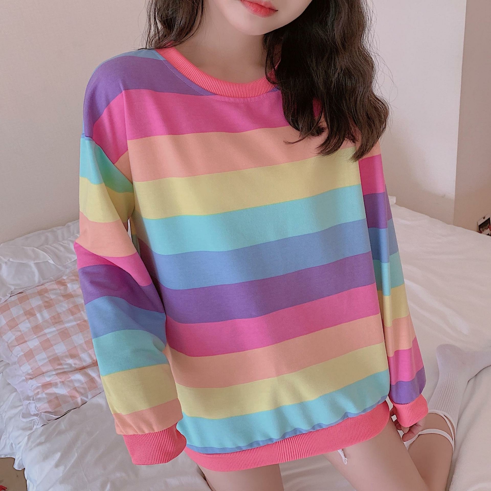 Womens Fashion Rainbow T-Shirt Trend Loose Long Sleeves Round Neck Striped Tops