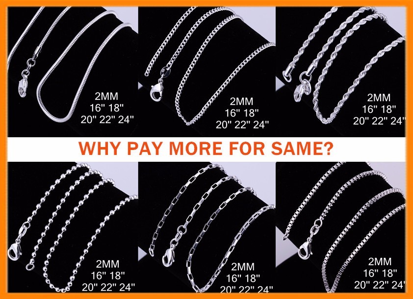 Wholesale 925 Sterling Silver Filled 2MM Necklace Chains For Pendants 16 – 24″