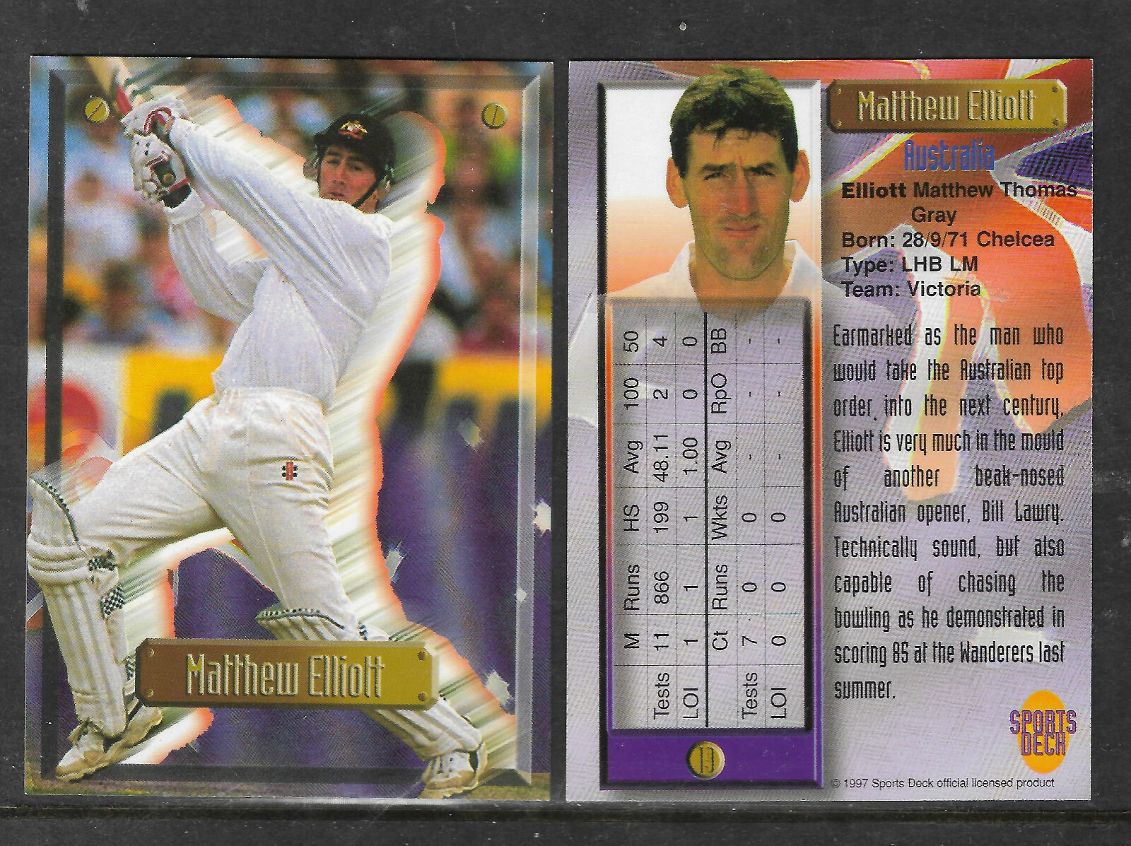 MATTHEW ELLIOT (Australia) 1997 South Africa SPORTS DECK CRICKET CARD #19 MATTHEW ELLIOT (Australia) 1997 South Africa SPORTS DECK CRICKET CARD #19