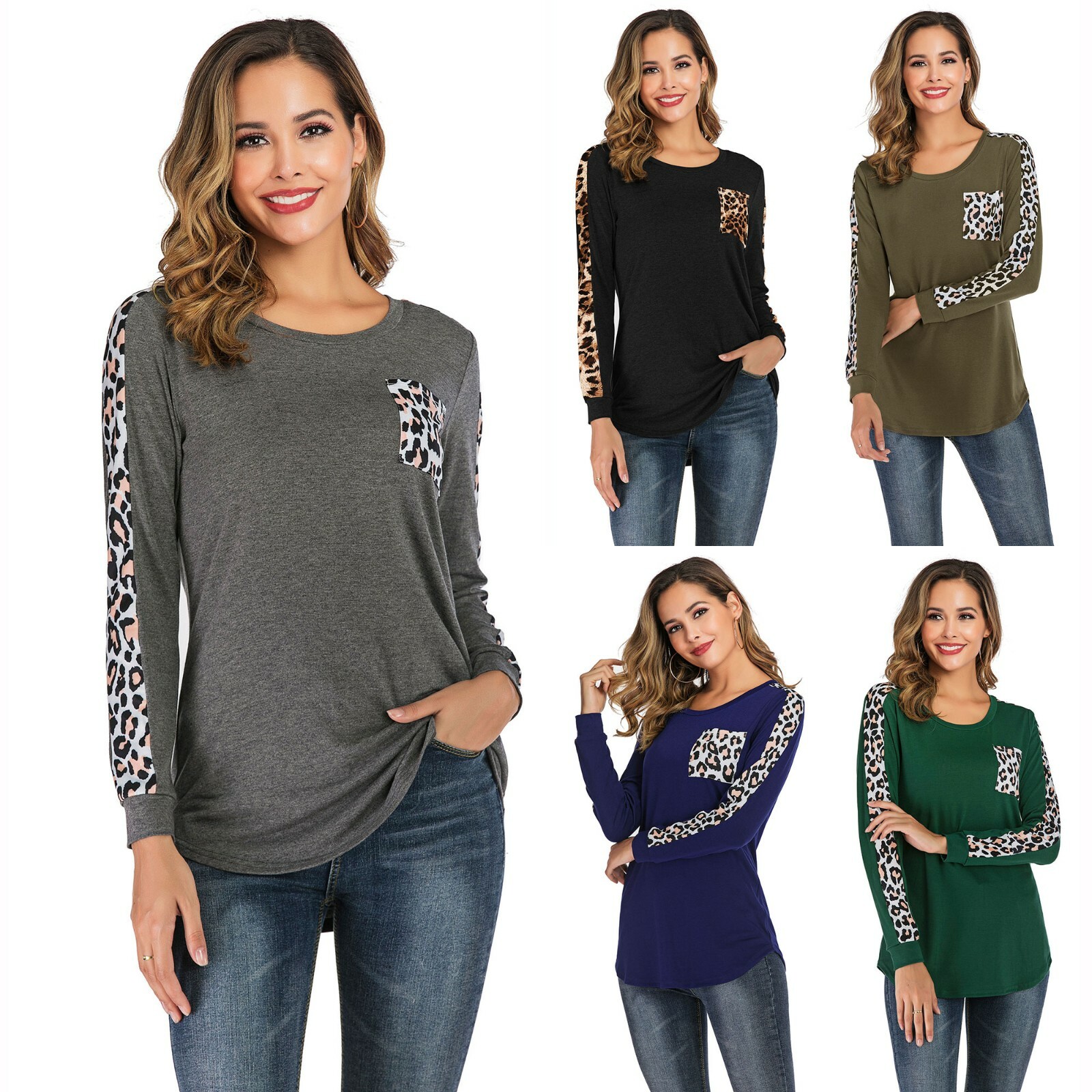 Women Leopard Print Tops Long Sleeve T Shirt Pocket Sweatshirts Blouse Tunic Women Leopard Print Tops Long Sleeve T Shirt Pocket Sweatshirts Blouse Tunic