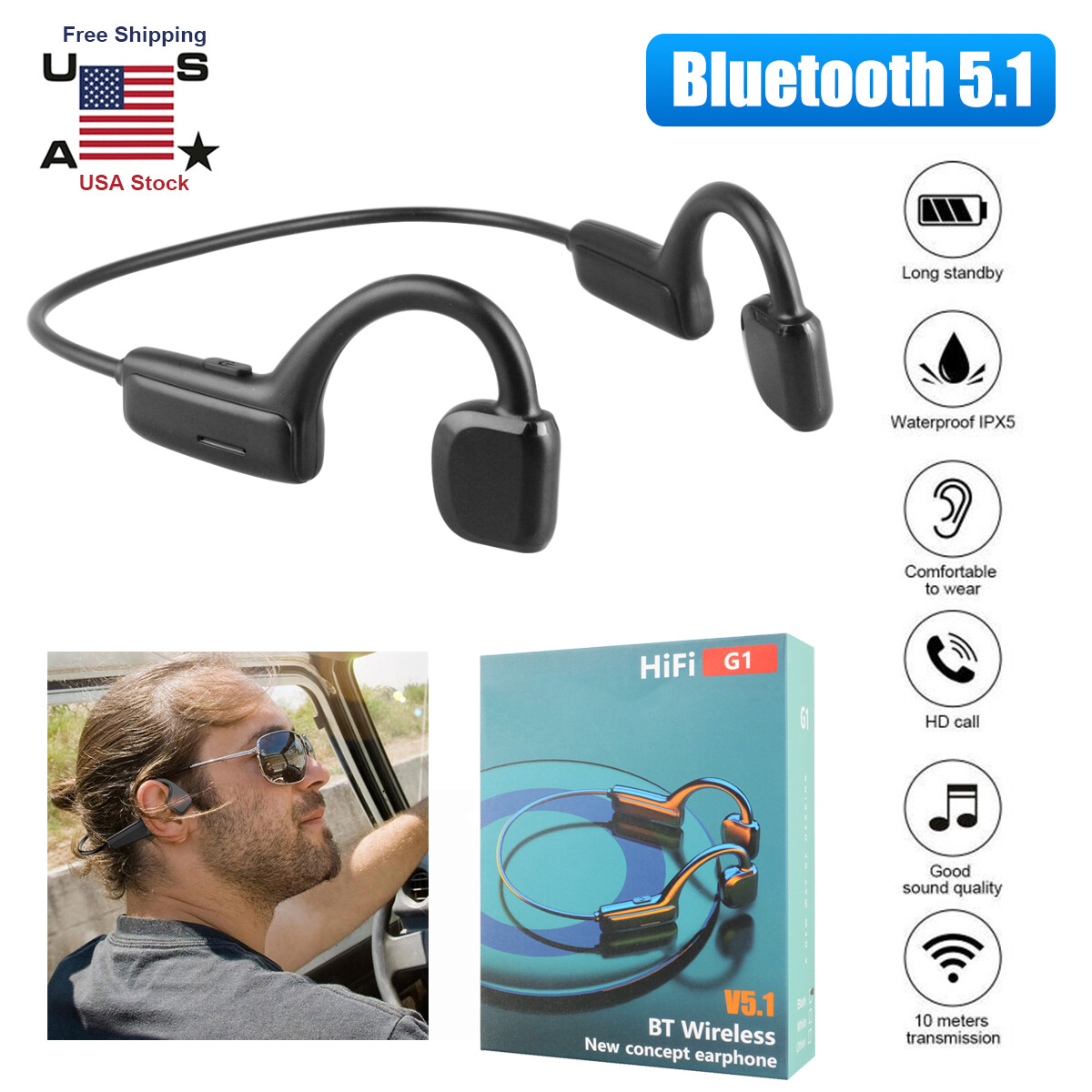 Ear Bluetooth 5.1 Bone Conduction Headphones Stereo HiFi Earphone Headset + Mic