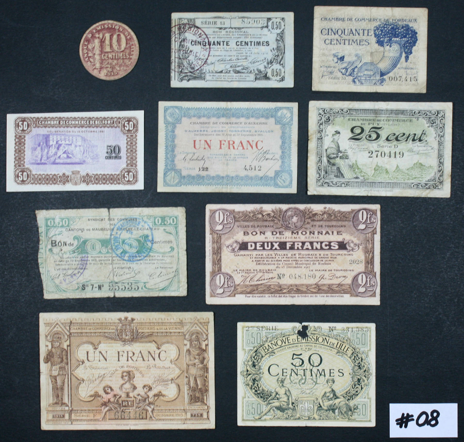 FRANCE – Lot Set of 10 Notes Bons Vouchers: 0.50 Centimaes 2 Franc 1915-1920 #08