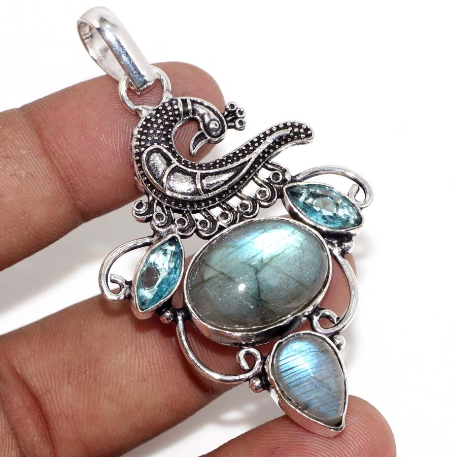 Fiery Labradorite Blue Topaz 925 Silver Plated Pendant 2.5″ Birthday Gift GW Fiery Labradorite Blue Topaz 925 Silver Plated Pendant 2.5″ Birthday Gift GW