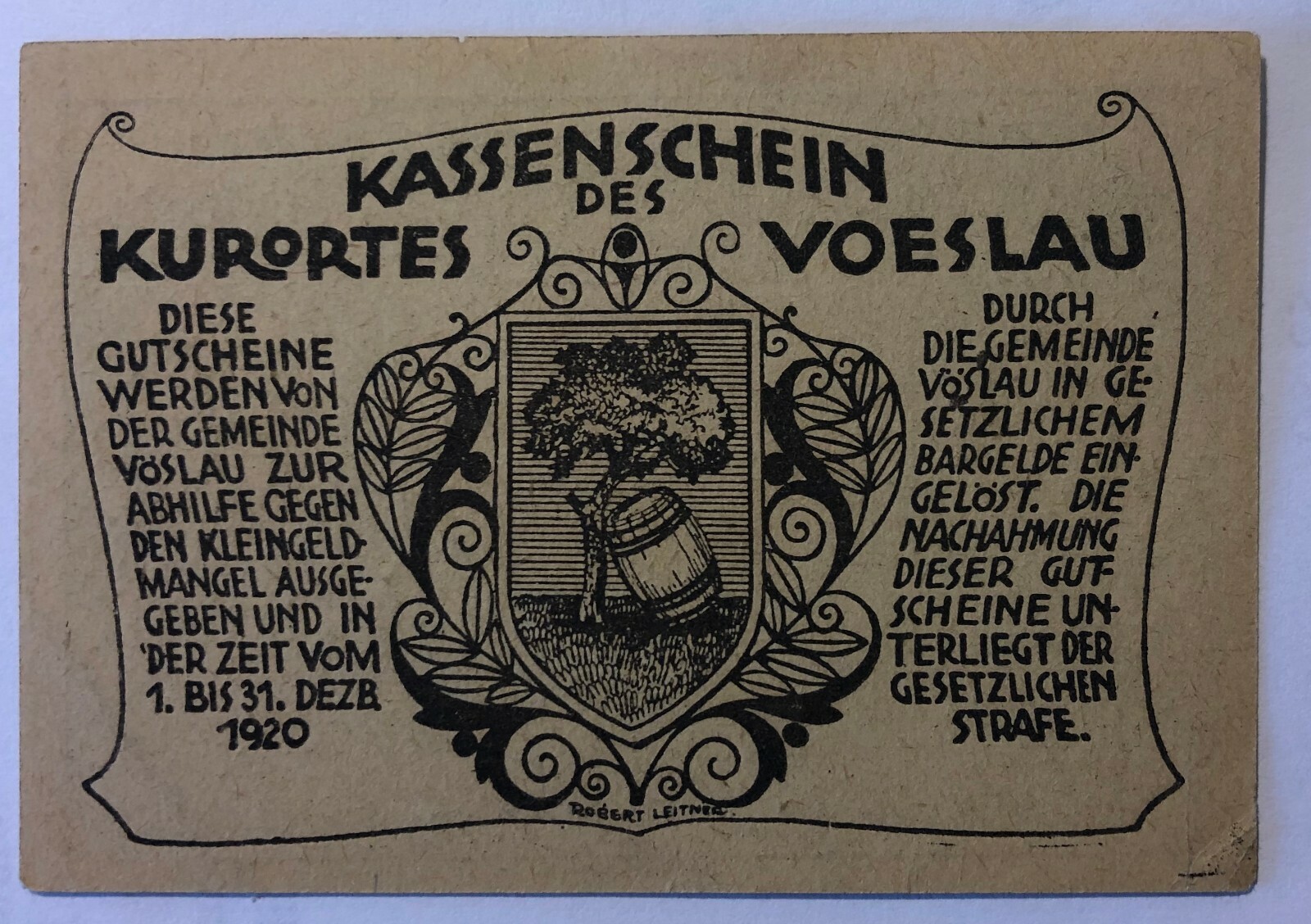 1920 ~ Voslau ~ AUSTRIA ~ 20 heller voucher ~ NOTGELD ~ XF45 Condition 1920 ~ Voslau ~ AUSTRIA ~ 20 heller voucher ~ NOTGELD ~ XF45 Condition