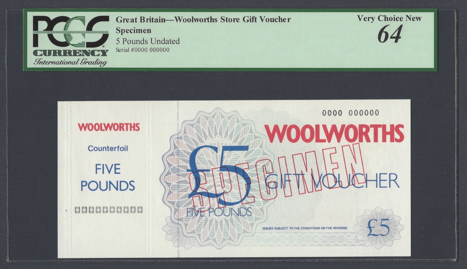 United Kingdom , A Specimen Voucher for 5 Pounds Woolworths Store United Kingdom , A Specimen Voucher for 5 Pounds Woolworths Store