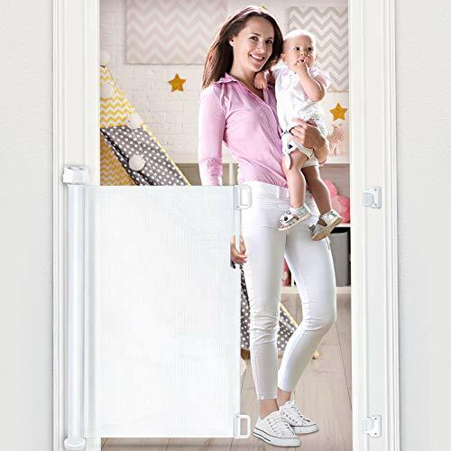 Retractable Baby Gate, Mesh Safety Gate for Babies and Pets, Extra Wide White