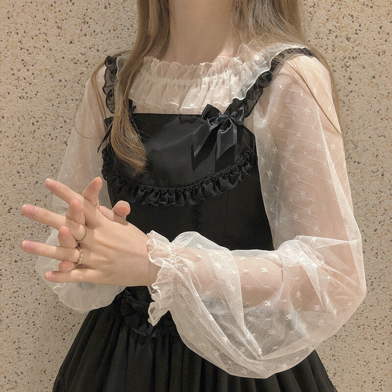 Women Fairy Kawaii Japanese Style Ruffle Hem Lace Shirt Lolita Tops Summer Sweet