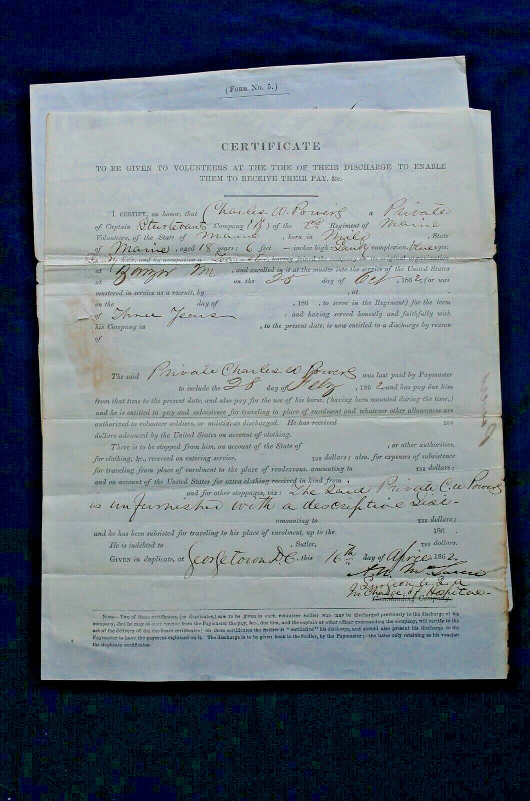 Discharge and Pay Voucher for Pvt. Charles W. Powers, April 16, 1862 Discharge and Pay Voucher for Pvt. Charles W. Powers, April 16, 1862