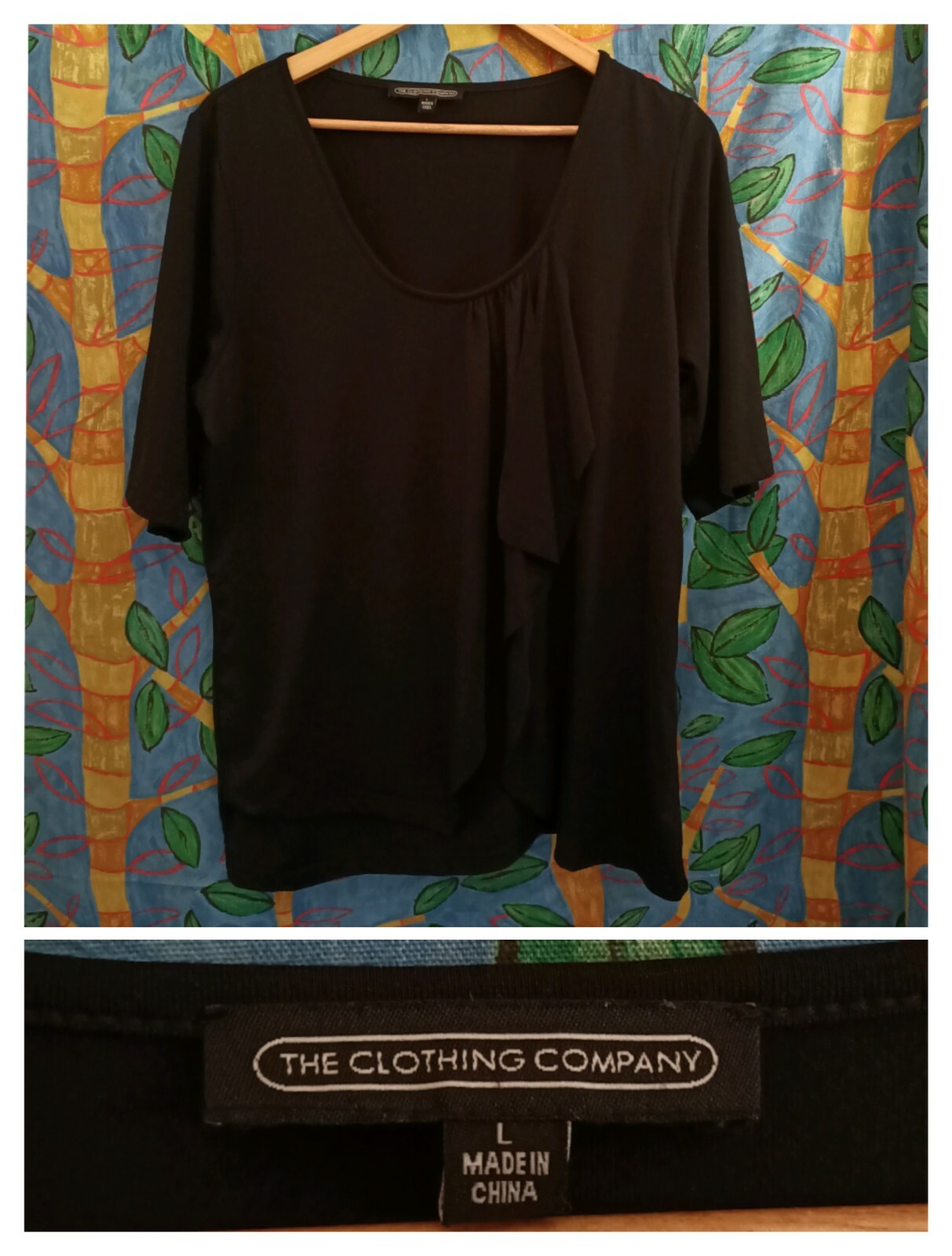 The Clothing Company L Black Top tee 1/2 Sleeve Stretch Ruffle Front The Clothing Company L Black Top tee 1/2 Sleeve Stretch Ruffle Front