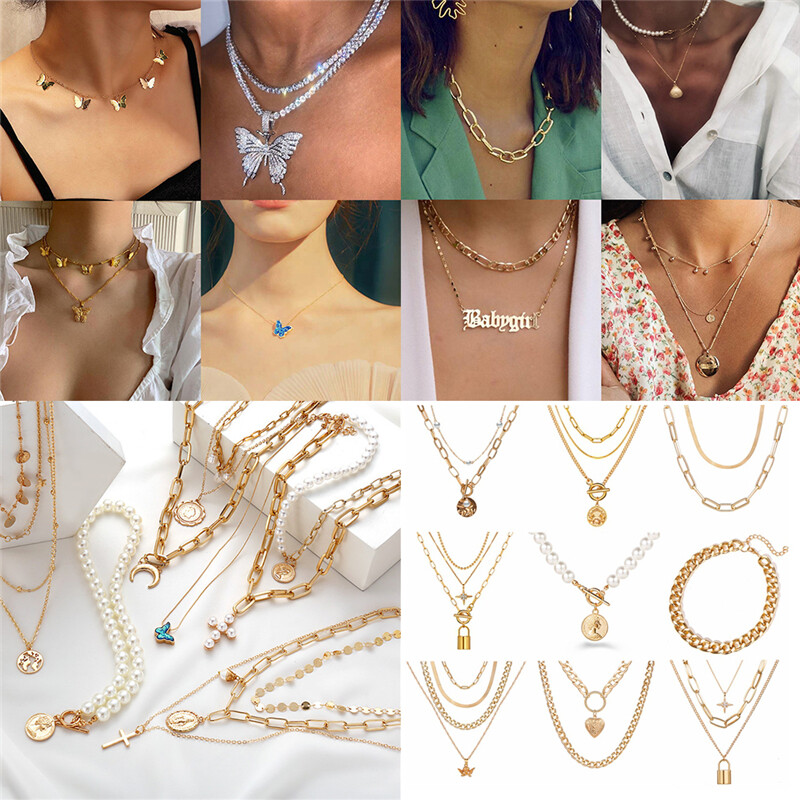 2021 Women Simple Multi-layer Long Chain Pendant Crystal Choker Necklace Jewelry 2021 Women Simple Multi-layer Long Chain Pendant Crystal Choker Necklace Jewelry