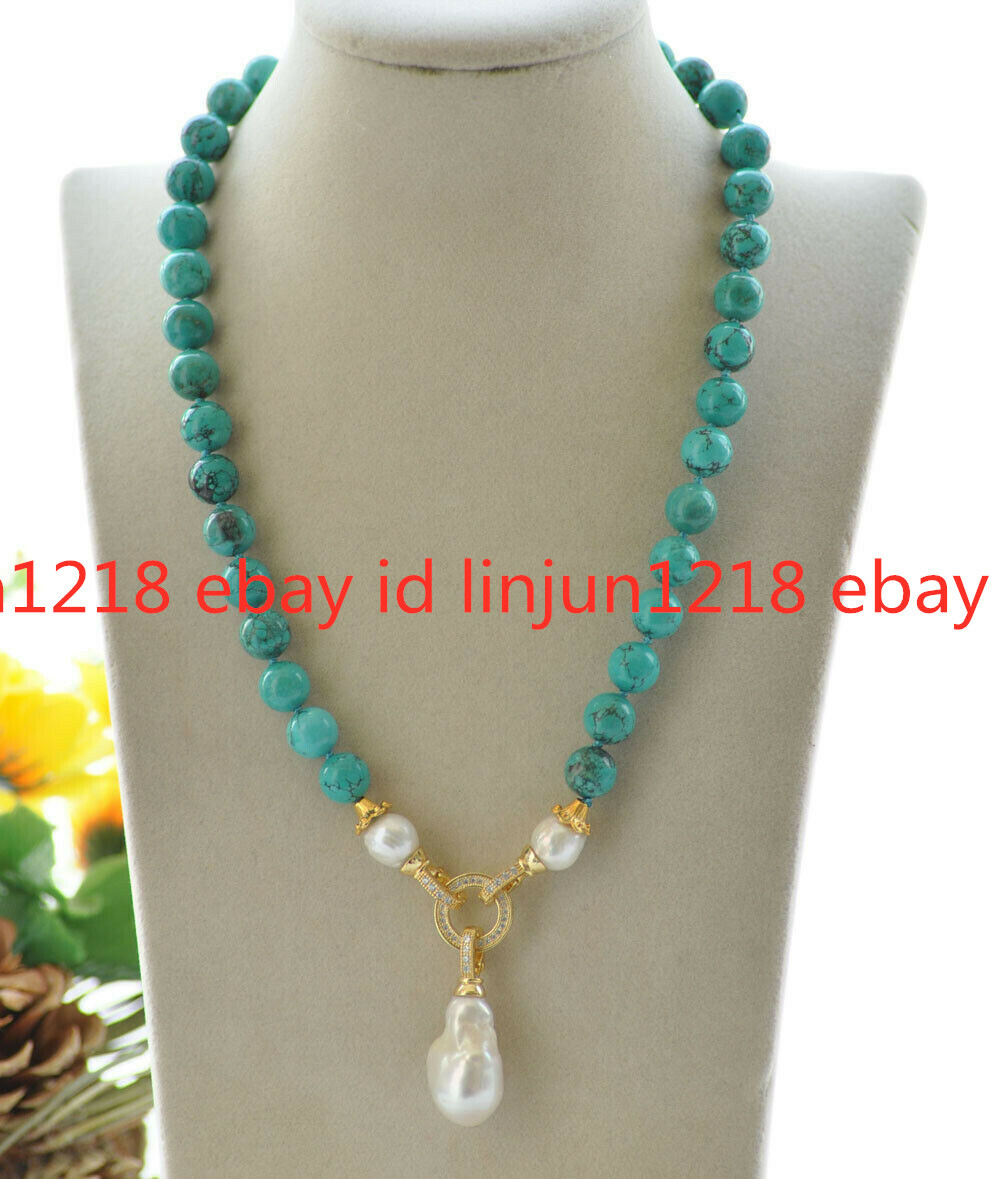 8/10/12mm Green Round Turquoise Baroque Pearl Beads Pendant Necklace 18” 8/10/12mm Green Round Turquoise Baroque Pearl Beads Pendant Necklace 18”