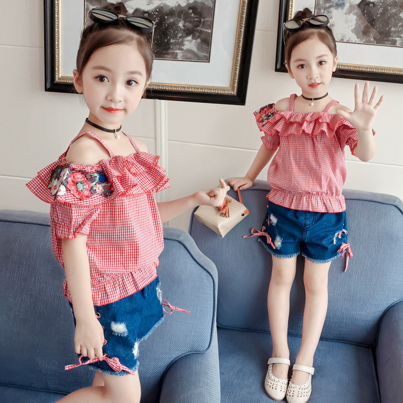 Kids Teenager Girls Summer Fashion Off Shoulder Blouse+Denim Shorts Casual Sets Kids Teenager Girls Summer Fashion Off Shoulder Blouse+Denim Shorts Casual Sets