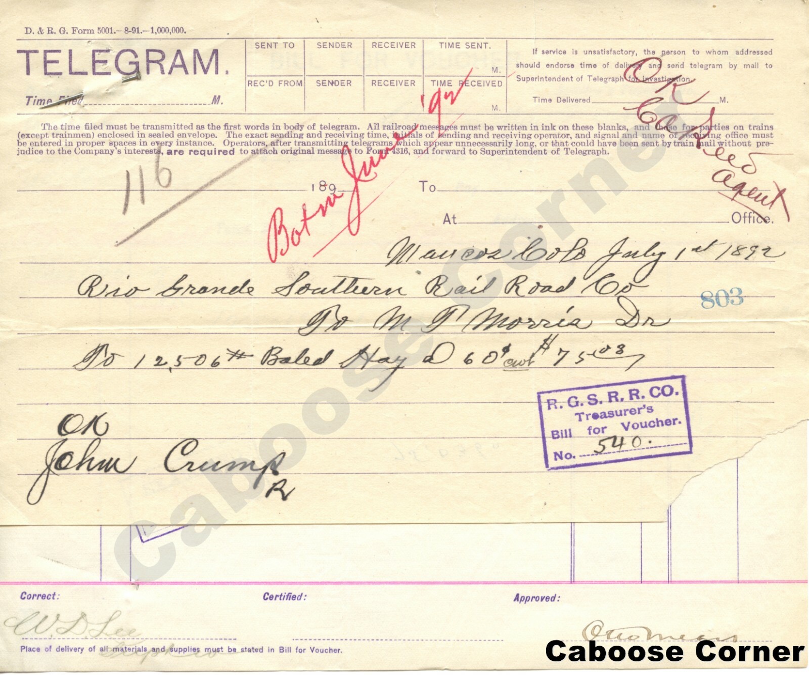 RGS Rio Grande Southern Signed by Otto Mears Telegram and Voucher for Hay 1892 RGS Rio Grande Southern Signed by Otto Mears Telegram and Voucher for Hay 1892