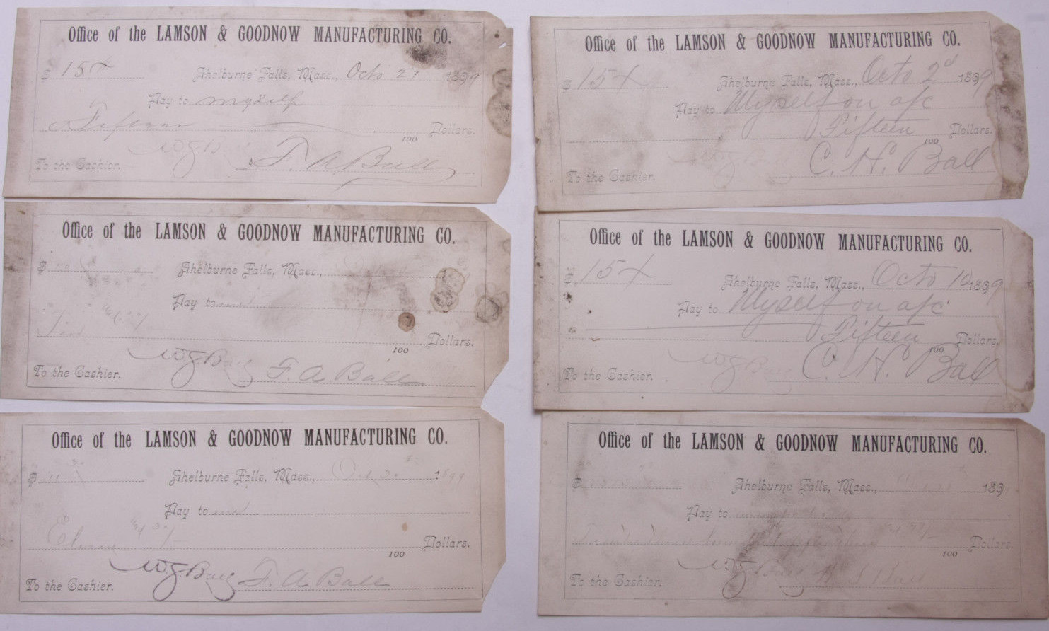 1899 Lamson Goodnow (6) Signed Pay Vouchers Antique Hand Written Ephemera C28-4 1899 Lamson Goodnow (6) Signed Pay Vouchers Antique Hand Written Ephemera C28-4