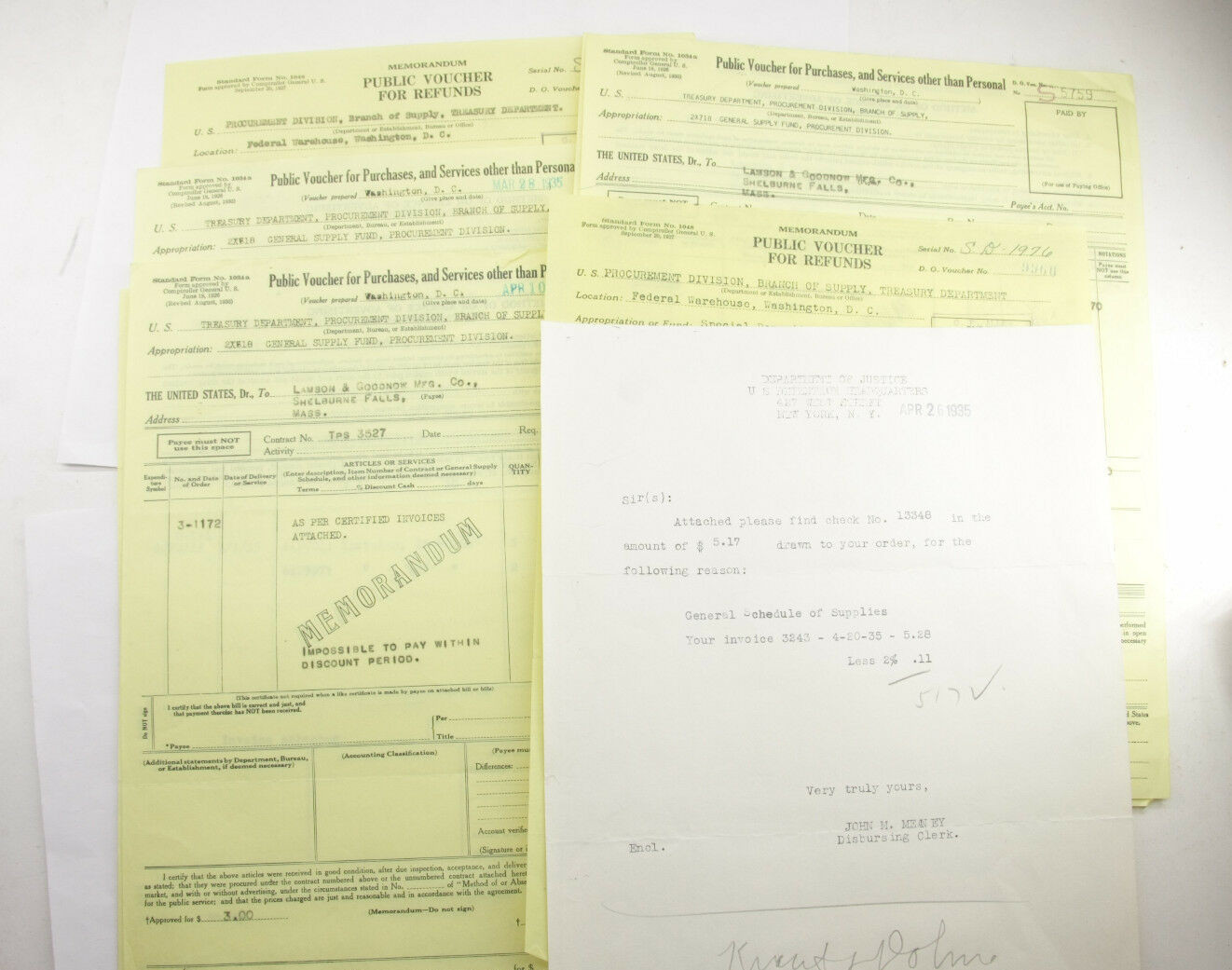 1935 Lamson Goodnow US Treasury Dept Payment Vouchers Ephemera P772K 1935 Lamson Goodnow US Treasury Dept Payment Vouchers Ephemera P772K