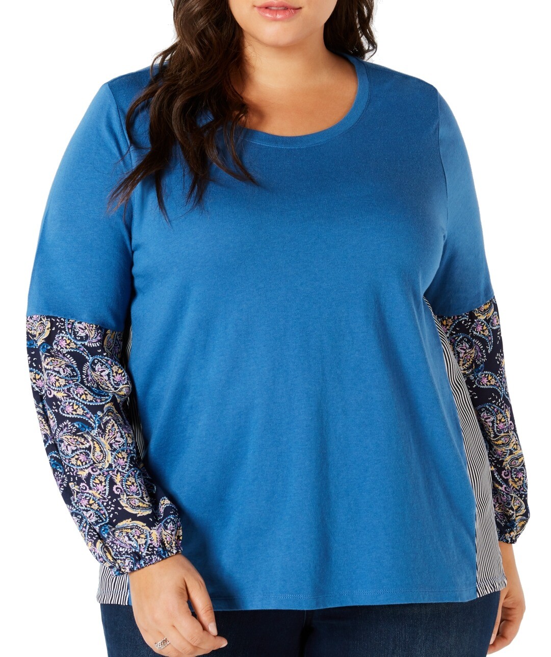 Style & Co. Womens Top Blue 2X Plus Knit Paisley Striped Scoop Neck $56 044