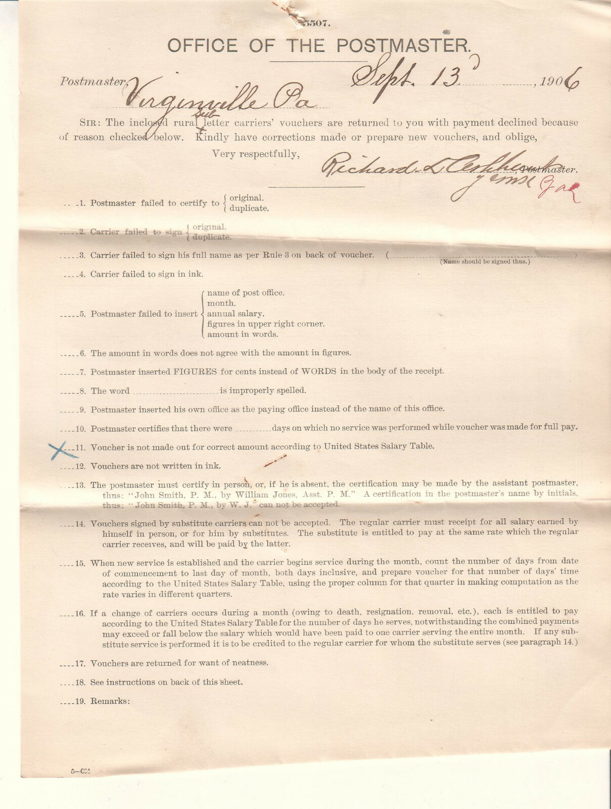 1906 form 5507 to Postmaster Virginville PA- rural carrier vouchers returned 1906 form 5507 to Postmaster Virginville PA- rural carrier vouchers returned