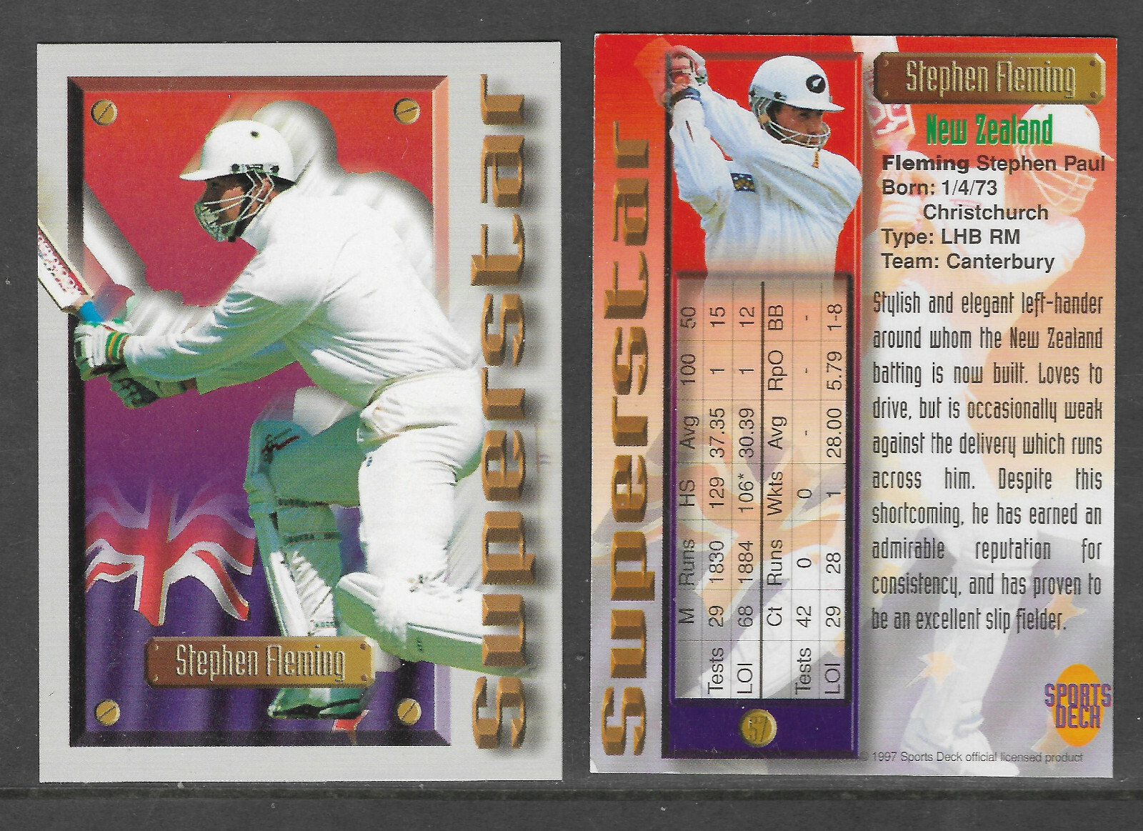 STEPHEN FLEMING (NZ) 1997 South Africa SPORTS DECK CRICKET SUPERSTAR CARD #57 STEPHEN FLEMING (NZ) 1997 South Africa SPORTS DECK CRICKET SUPERSTAR CARD #57