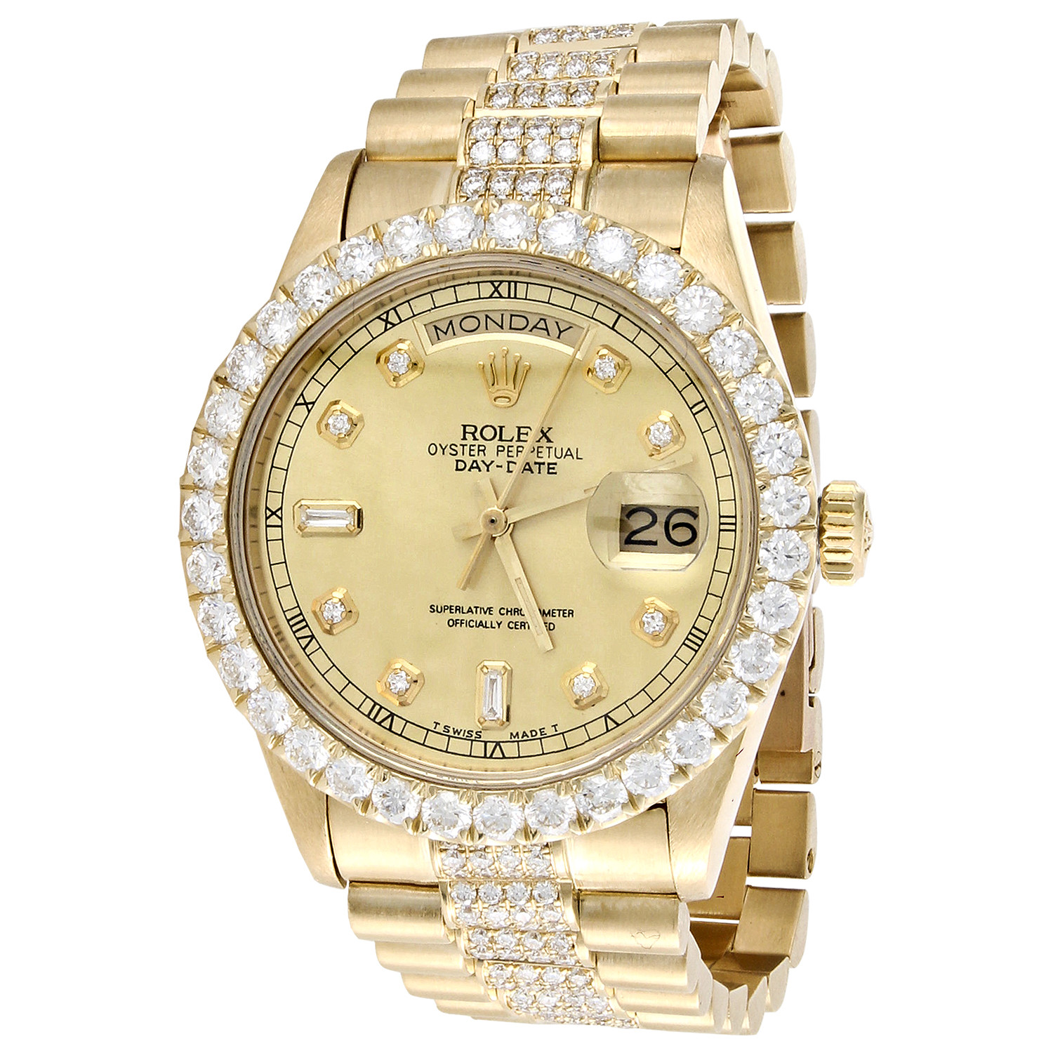 18K Yellow Gold Mens Rolex Presidential Prong Diamond Day-Date 36mm Watch 8 CT. 18K Yellow Gold Mens Rolex Presidential Prong Diamond Day-Date 36mm Watch 8 CT.