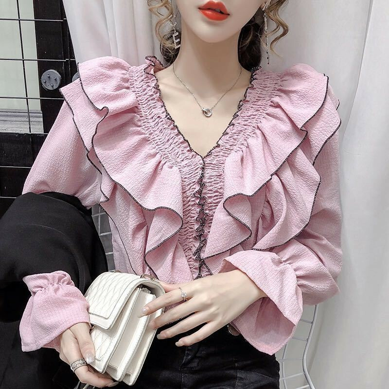 Sweet Womens V Neck Ruffle Fashion Long Sleeve Casual Loose T Shirts Blouse Top Sweet Womens V Neck Ruffle Fashion Long Sleeve Casual Loose T Shirts Blouse Top