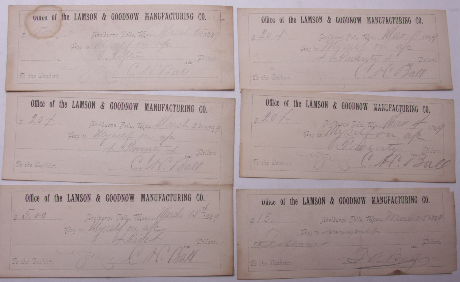 1899 Lamson Goodnow (6) Signed Pay Vouchers Antique Hand Written Ephemera C28-29 1899 Lamson Goodnow (6) Signed Pay Vouchers Antique Hand Written Ephemera C28-29