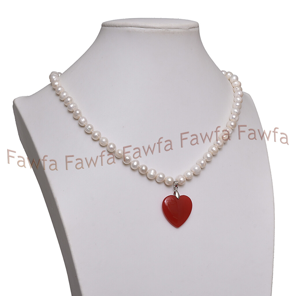 Beautiful 7-8 mm Natural white pearl and Red Heart Shape Pendant Necklace 18” Beautiful 7-8 mm Natural white pearl and Red Heart Shape Pendant Necklace 18”
