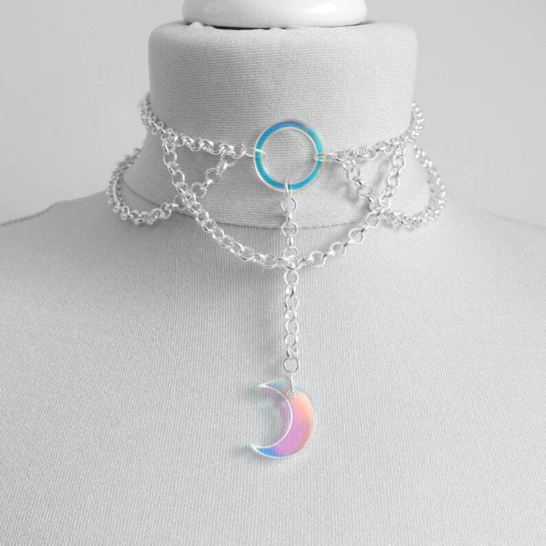 Iridescent Moon O Ring Choker Chain Iridescent Choker Necklace Iridescent Moon O Ring Choker Chain Iridescent Choker Necklace
