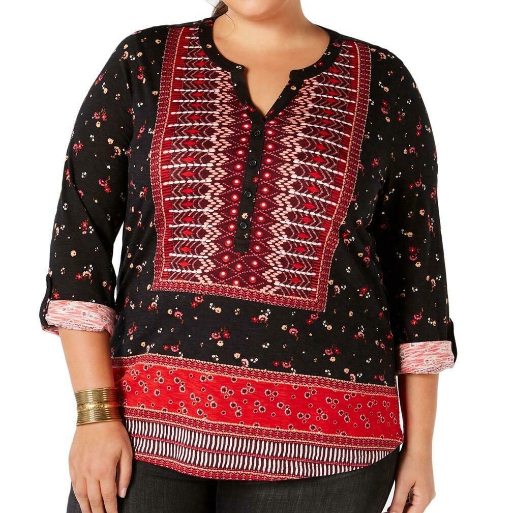 Style & Co. Women’s Top Black Size 2X Plus Knit Roll-Tab Sleeve Henley $49 #422
