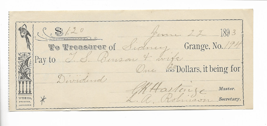 1893-PAY VOUCHER-SIDNEY GRANGE #194-T. S. BENSON & WIFE-.20 DIVIDEND 1893-PAY VOUCHER-SIDNEY GRANGE #194-T. S. BENSON & WIFE-.20 DIVIDEND