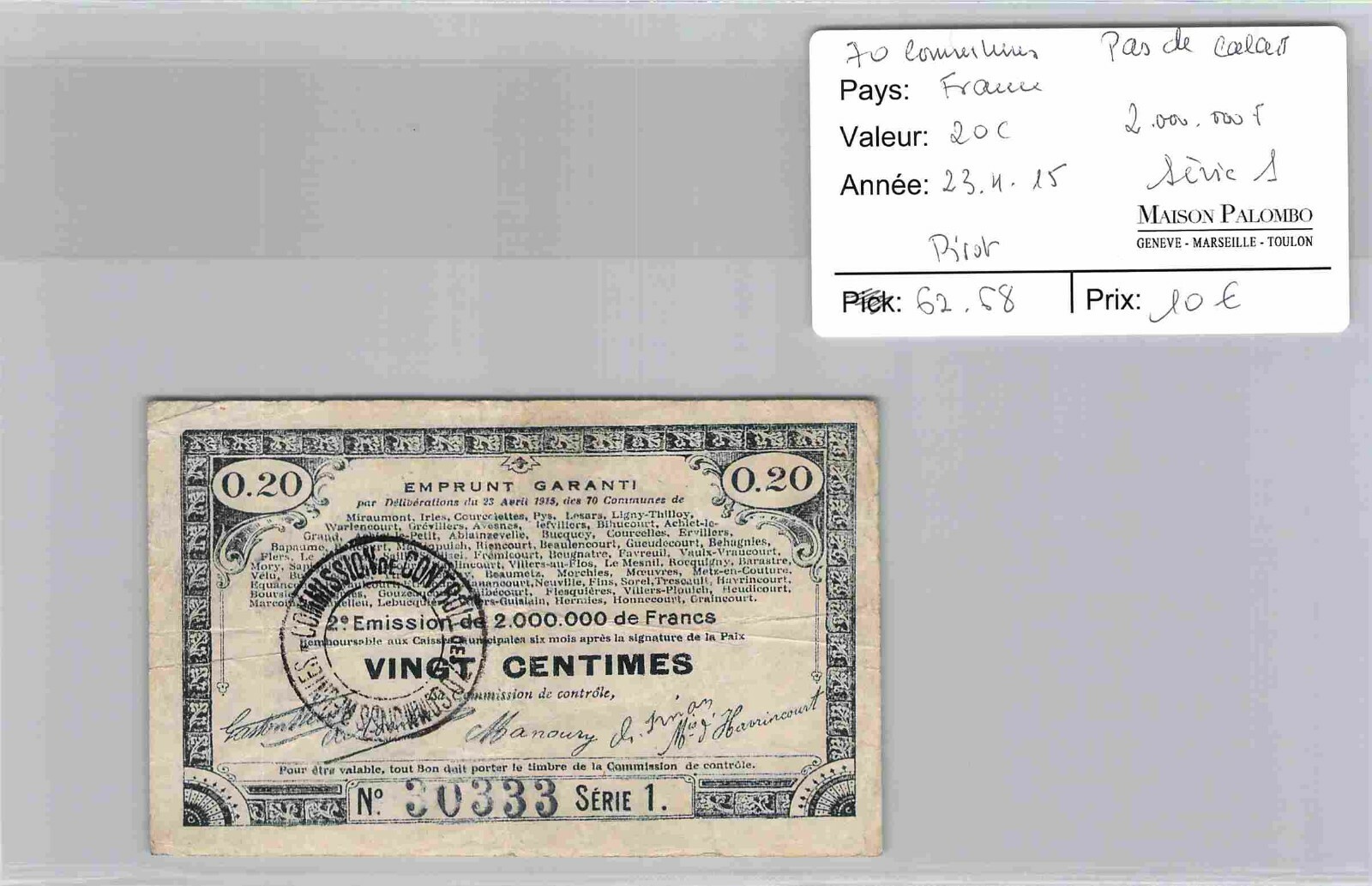 Vouchers Common Land 70 Pas De Calais- 20 Cents 23/4/15 Series 1 – N° 30333 Vouchers Common Land 70 Pas De Calais- 20 Cents 23/4/15 Series 1 – N° 30333
