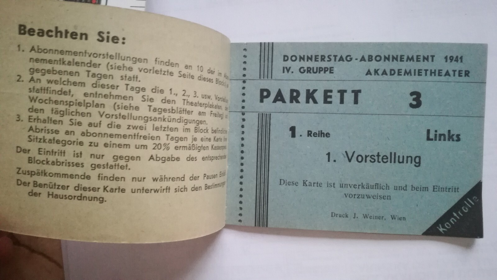 1941 WWII AUSTRIA WIEN THEATER LOT TICKET PASS SEAT COUPON VOUCHER ABONNEMENT 1941 WWII AUSTRIA WIEN THEATER LOT TICKET PASS SEAT COUPON VOUCHER ABONNEMENT
